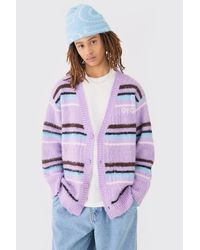 Boohoo - Boxy Fluffy Striped Knitted Cardigan In Lilac - Lyst