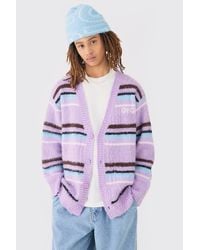 BoohooMAN - Boxy Fluffy Striped Knitted Cardigan In Lilac - Lyst