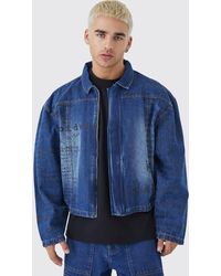 Boohoo - Boxy Fit All Over Text Laser Print Jean Jacket - Lyst