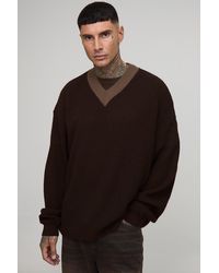 Boohoo - Tall Oversized Knitted Contrast V-Neck Sweater - Lyst