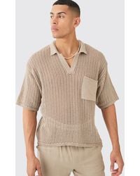 BoohooMAN - Oversized Boxy Open Stitch Polo With Pocket In Taupe - Lyst