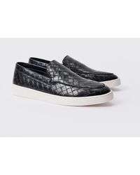 Boohoo - Woven Pu Slip On Loafer In Black - Lyst