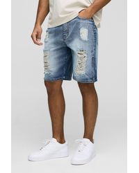 Boohoo - Relaxed Long Length Extreme Ripped Zip Denim Shorts - Lyst