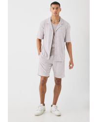BoohooMAN - Drop Revere Towelling Embroidered Shirt And Short Set - Lyst