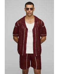 Boohoo - Conjunto De Pantalón Corto Recto De Punto Calado Con Solapas Y Estampado De Rayas - Lyst