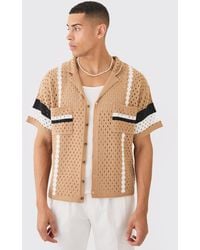 BoohooMAN - Oversized Boxy Open Stitch Revere Stripe Shirt In Stone - Lyst