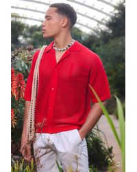 Boohoo - Short Sleeve Boxy Open Stitch Varsity Knit Shirt In Red - Lyst