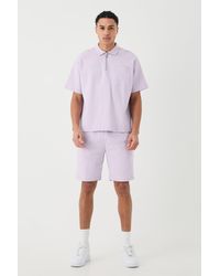 BoohooMAN - Oversized 1/4 Zip Embroided Polo And Short Set - Lyst