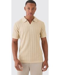 BoohooMAN - Regular Revere Collar Cable Knit Polo - Lyst