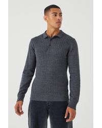 BoohooMAN - Long Sleeve Cable Knitted Polo - Lyst