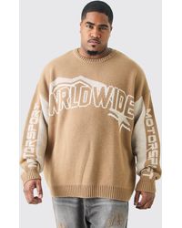 BoohooMAN - Plus Oversized Knitted Wrldwide Drop Shoulder Jumper In Taup - Lyst