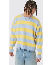 BoohooMAN - Oversized Boxy Stripe Knit Sweater In Light Blue - Lyst