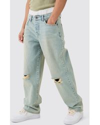 Boohoo - Baggy Rigid Boxer Waistband Ripped Knee Jeans In Antique Blue - Lyst