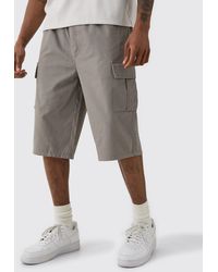 BoohooMAN - Tall Elastic Waist Grey Relaxed Fit Longer Length Cargo Shorts - Lyst