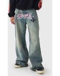 BoohooMAN - Extreme Baggy Rigid Pu Cross Applique Washed Jeans - Lyst