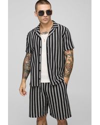 BoohooMAN - Strukturiertes gestreiftes Jersey-Hemd mit Kragen & Shorts - Lyst