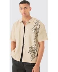 BoohooMAN - Boxy Jacquard Knit Floral Detail Shirt In Stone - Lyst