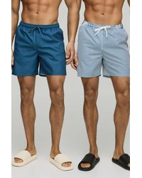 BoohooMAN - 2 Pack Small Stripe And Plain Mid Length Swim Short - Lyst