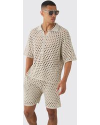 BoohooMAN - Oversized Open Stitch Knitted Shirt And Short Set - Lyst
