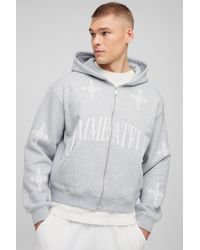 BoohooMAN - Oversized Boxy Zip Through Homme Print Cross Hoodie - Lyst