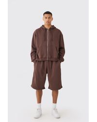 Boohoo - Oversized Boxy Zip Through Hoodie And Long Line Shorts Set - Lyst