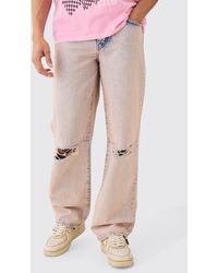 BoohooMAN - Baggy Rigid Pink Tint Slit Knee Jeans - Lyst