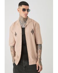 BoohooMAN - Tall Linen Embroidered Drop Revere Shirt In Taupe - Lyst