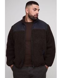 BoohooMAN - Plus Regular Fit Borg Zip Through Nylon Panel Funnel Neck Jacket - Lyst