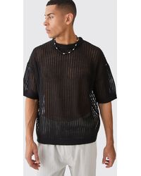 BoohooMAN - Oversized Drop Shoulder Open Stitch T-shirt In Black - Lyst