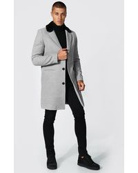 BoohooMAN Smarter Mantel mit Kunstpelzkragen - Grau