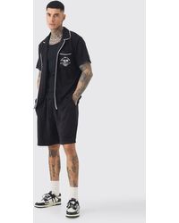 BoohooMAN - Tall Embroidered Towelling Shirt & Short Set In Black - Lyst