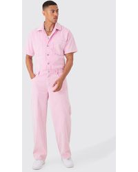 BoohooMAN - Relaxed Acid Wash Corduroy Boilersuit In Pink - Lyst