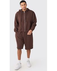 BoohooMAN - Oversized Boxy Zip Through Hoodie And Long Line Shorts Set - Lyst