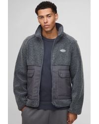 BoohooMAN - Regular Fit Two Tone Borg Nylon Mix Funnel Neck Zip Through Jacket - Lyst