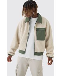 BoohooMAN - Tall Boxy Borg And Nylon Collared Bomber Jacket - Lyst