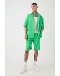 BoohooMAN - Tall Oversized Short Sleeve Pleated Shirt & Short In Green - Lyst
