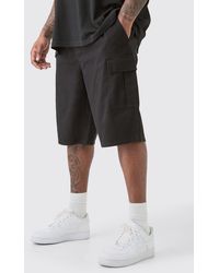 BoohooMAN - Plus Elastic Waist Black Relaxed Fit Longer Length Cargo Shorts - Lyst