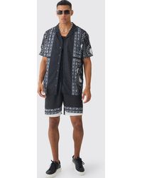 BoohooMAN - Oversized Linen Look Tile Print Shirt & Short Set - Lyst