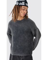 BoohooMAN - Oversized Boxy Acid Wash Sweater In Charcoal - Lyst
