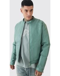 Boohoo - Tall Boxy Bhm Pu Collarless Moto Biker Jacket In Sage - Lyst