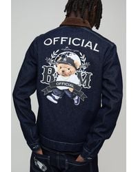 BoohooMAN - Relaxed Denim Printed Harrington Jacket With Cord Collar - Lyst