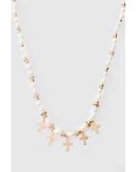BoohooMAN - Pearl Bead Necklace With Cross Charms In Gold - Lyst