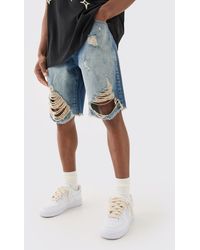 BoohooMAN - Relaxed Rigid Long Length Ripped Denim Shorts In Ice Blue - Lyst