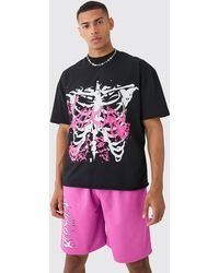 BoohooMAN - Oversized Extended Neck Raw Hem Skeleton T-shirt And Mesh Shorts Set - Lyst