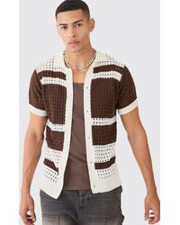BoohooMAN - Open Stitch Striped Knitted Shirt In Orange - Lyst