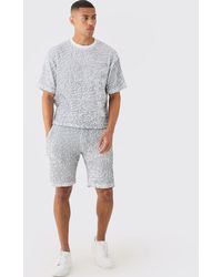 BoohooMAN - Two Tone Boxy Ripple Pleated T-shirt And Short - Lyst
