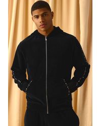 BoohooMAN - Regular Fit Ribbed Velour Embellished Zip Through Hoodie - Lyst