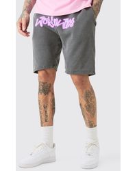 Boohoo - Tall Loose Fit Overdye Worldwide Graffiti Jersey Shorts - Lyst