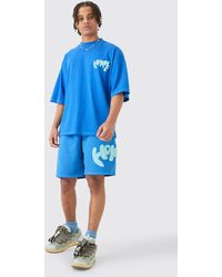 BoohooMAN - Oversized Contrast Stitch Puff Print Half Sleeve Tshirt & Short Set - Lyst
