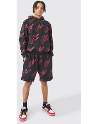 BoohooMAN - Script All Over Print Boxy Hooded Short Tracksuit - Lyst